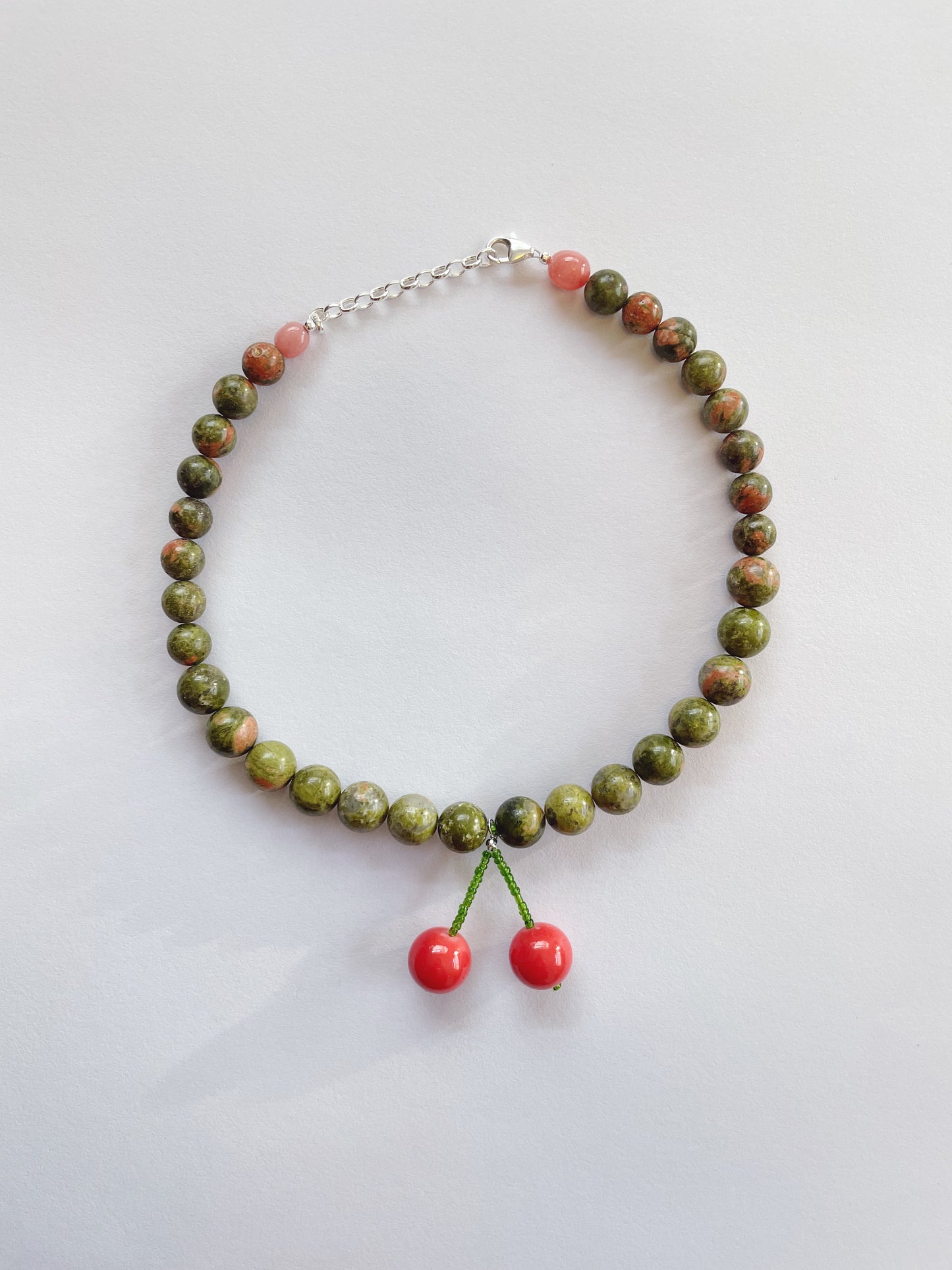 Moss Green and Pink Cherry Necklace