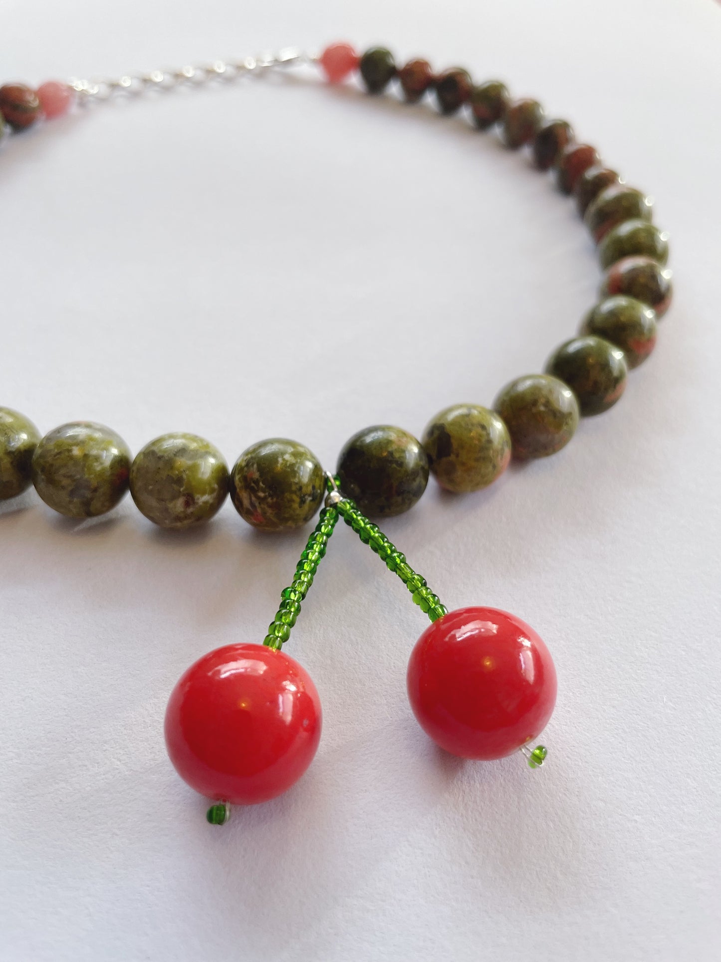 Moss Green and Pink Cherry Necklace