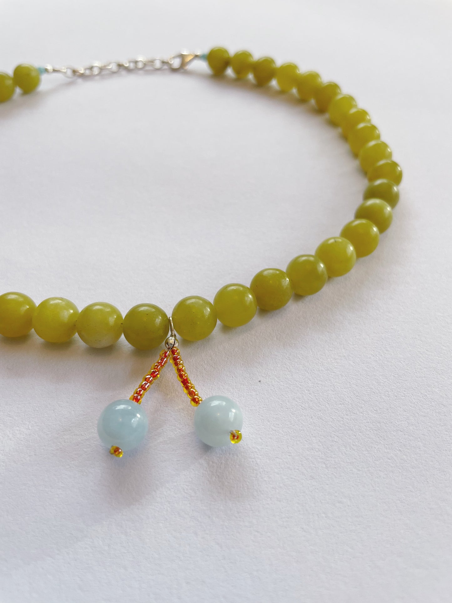 Jade Green and Icy Blue Cherry Necklace