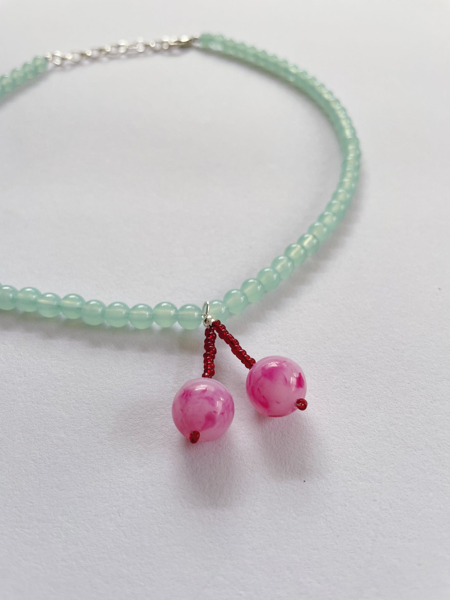 Minty Green and Pink Cherry Necklace